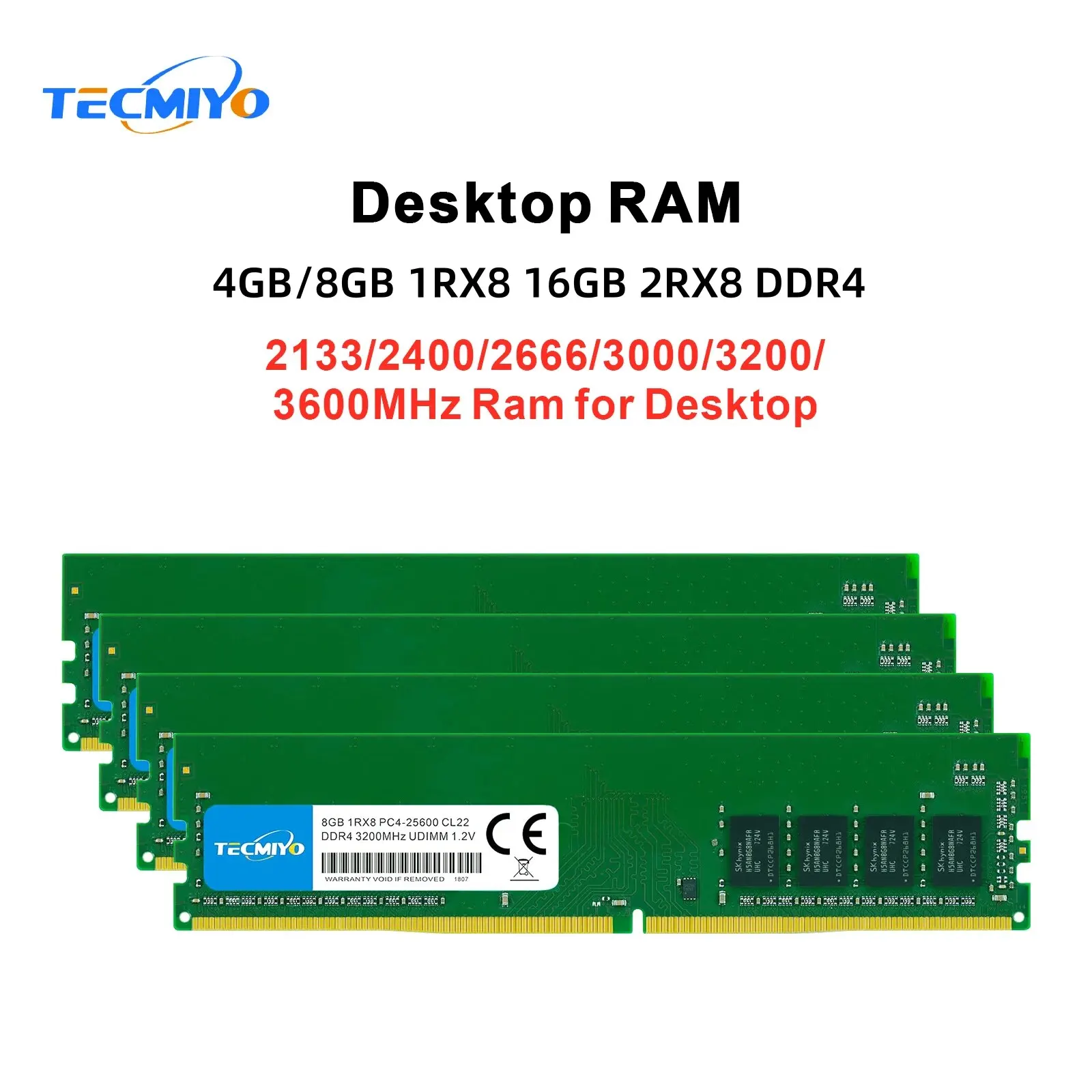 TECMIYO ũž ޸ RAM, DDR4, 2133MHz, 2400MHz, 2666MHz, 3000MHz, 3200MHz, 3600MHz, 1RX8, 2RX8, Non-ECC -1PC, 4GB, 8GB